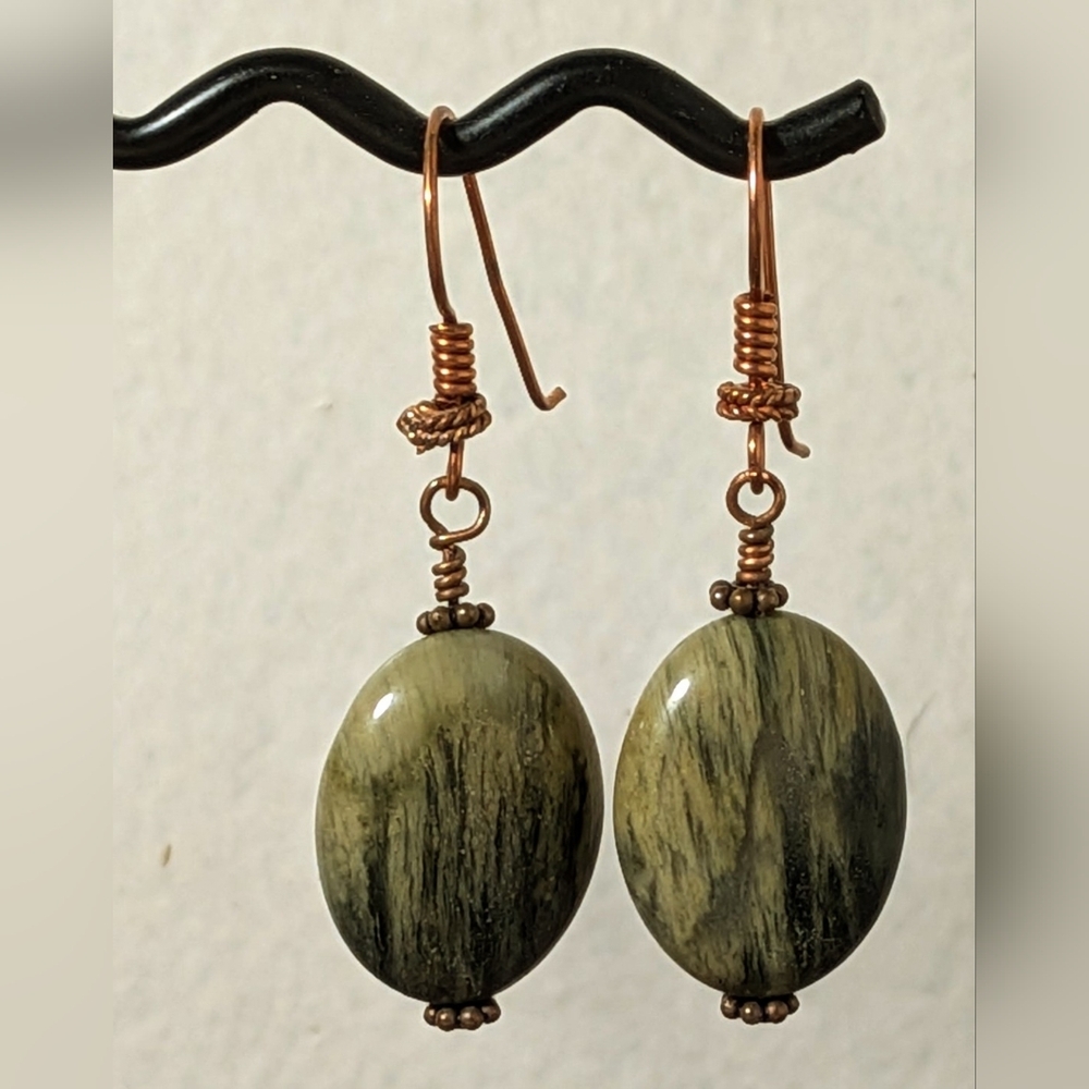 Seraphinite Green Genuine Gemstone with Copper Earrings Handmade Original Design